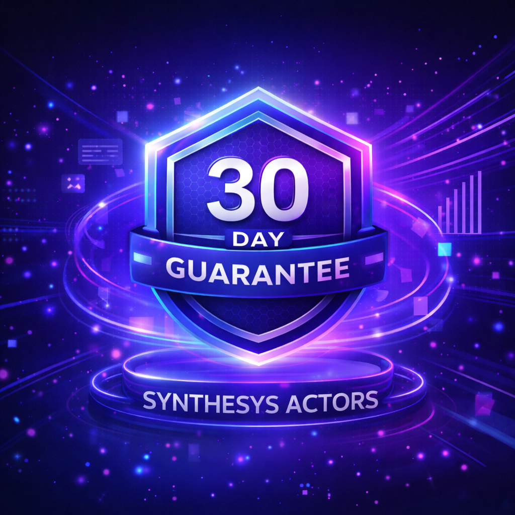 Synthesys Actors 30-day money back guarantee badge with futuristic shield design symbolizing risk-free AI video funnel software purchase.