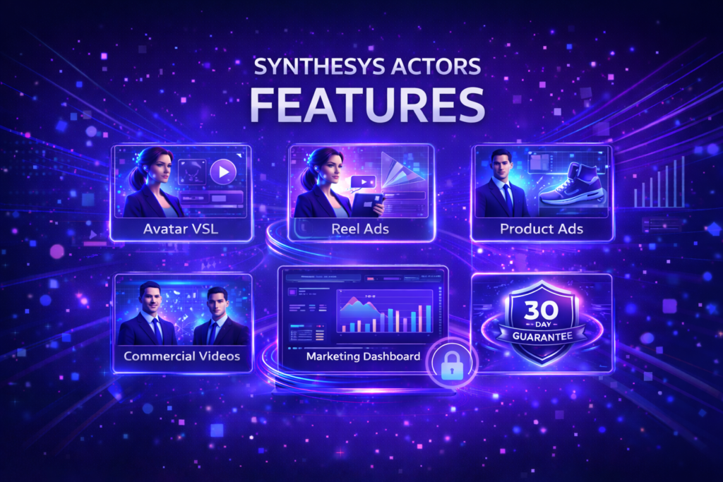 Synthesys Actors AI features overview showing avatar VSL creation, reel ads, product ads, commercial videos, marketing dashboard, and 30-day guarantee badge in a futuristic interface.