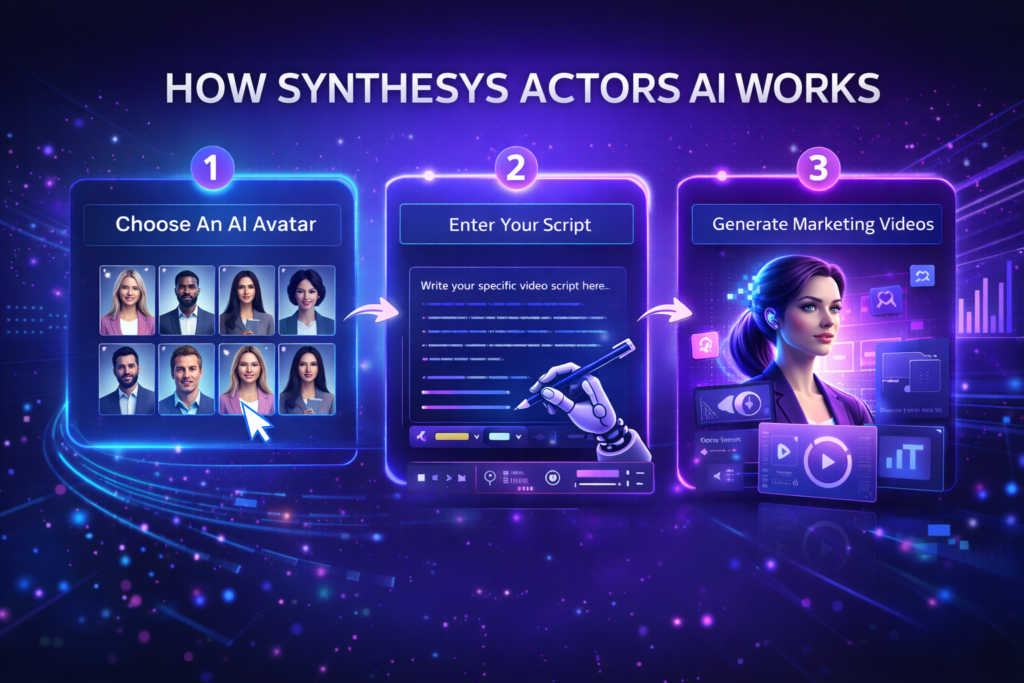 How Synthesys Actors AI works illustration showing three steps: choose AI avatar, enter script, and generate marketing videos inside a futuristic AI video funnel interface.
