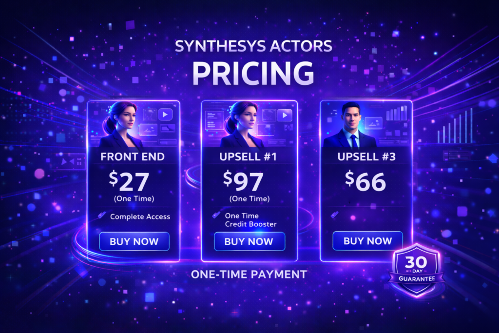 Synthesys Actors AI pricing page illustration showing standard and pro plans, one-time payment model, and 30-day money back guarantee badge in a futuristic digital layout.