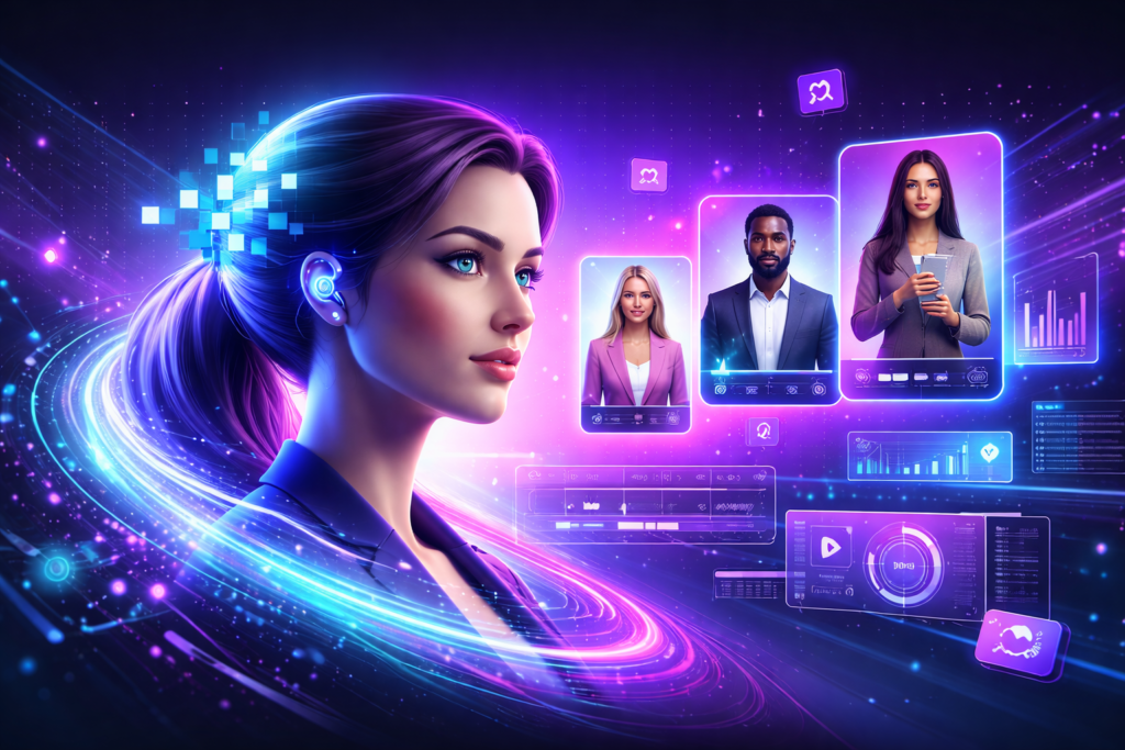Synthesys Actors AI platform generating long-form avatar VSLs, reel ads, and commercial videos inside a futuristic video marketing funnel interface.