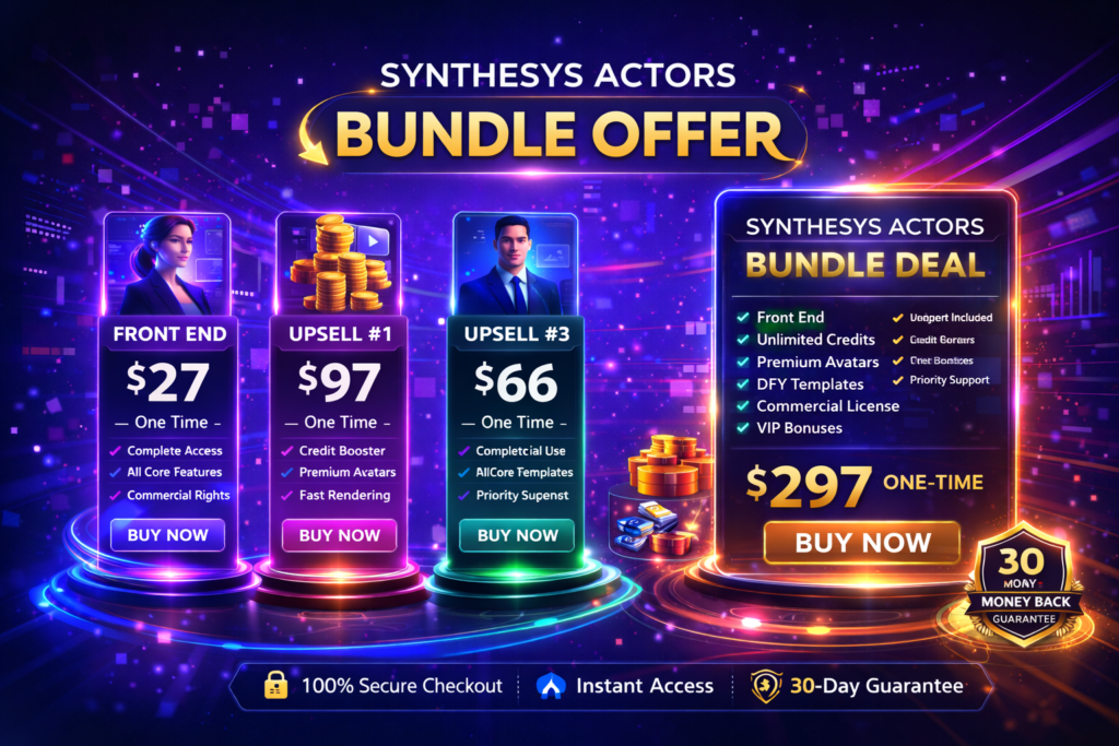 Synthesys Actors bundle deal overview showing Front End $27, Upsell #1 $97, Upsell #3 $66, and complete bundle package with one-time pricing and 30-day money back guarantee badge.