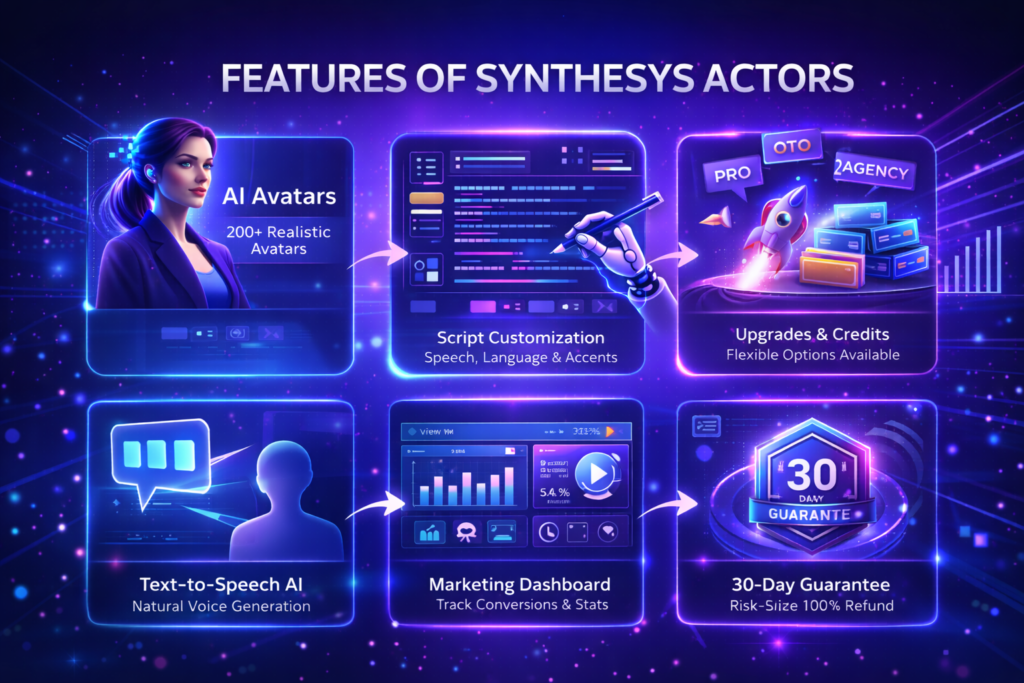 Features of SynthesysActors including avatar VSL creation, reel ads, product ads, commercial videos, marketing dashboard, and 30-day money back guarantee displayed in a futuristic interface.