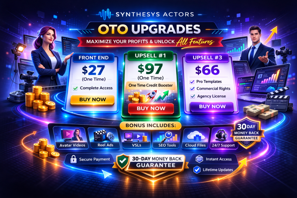 Synthesys Actors OTO upgrades overview showing Front End $27, Upsell #1 $97, and Upsell #3 $66 with one-time pricing and 30-day money back guarantee badge in a futuristic sales funnel design.